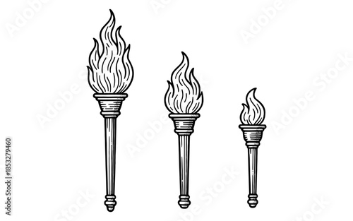 Hand-drawn torches with flames in vintage black and white illustration style