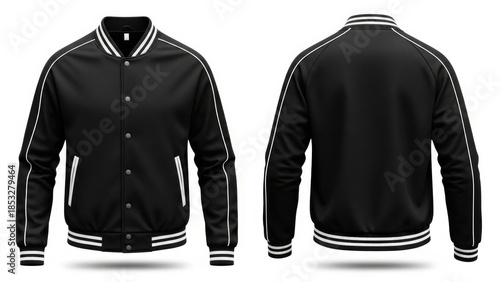 Black and white varsity jacket with button closure isolated on white background