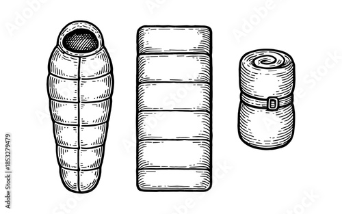 Vintage camping gear: retro sleeping bags in detailed hand drawn style
