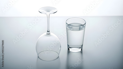 Upside down wine glass and glass of water, Dry January pause concept, minimal alcohol free background with copy space