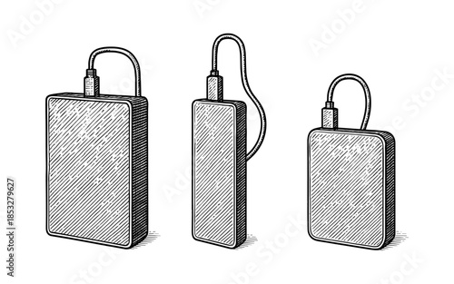 Vintage style portable battery chargers drawing with cables in black and white