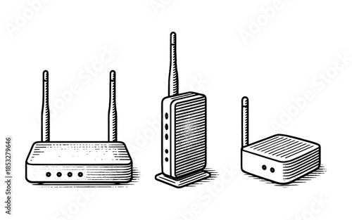 Hand drawn retro style wireless router with antennas set