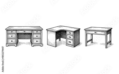 Hand-drawn office desks collection: vintage style workstations in black and white