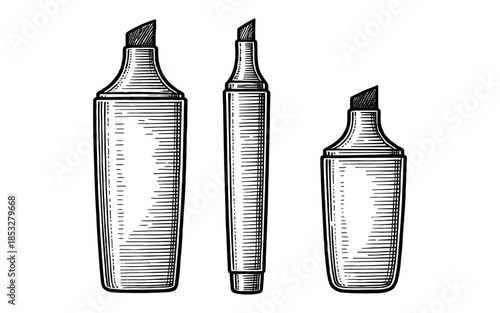 Hand drawn sketch of three marker pens with caps