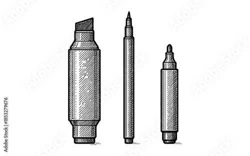 Intricate ink pen sketch of various marker types with crosshatch texture