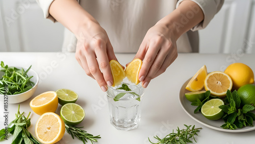 Squeezing lemon into glass of sparkling water with mint and citrus, Dry January alcohol free mocktail concept
