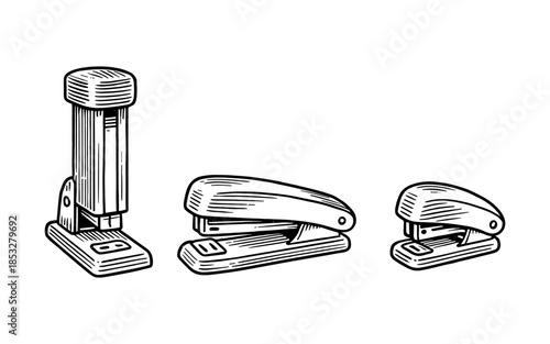 Hand drawn office staplers collection in vintage style