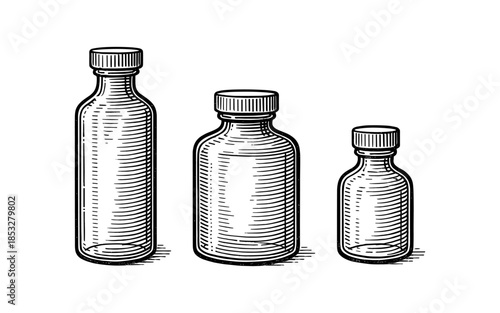 Set of hand-drawn vintage bottles in black and white