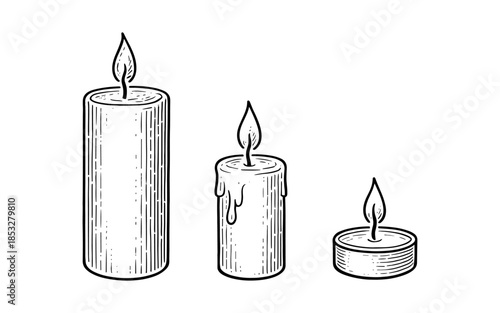 Hand drawn candle set with different heights and flames for cozy decor