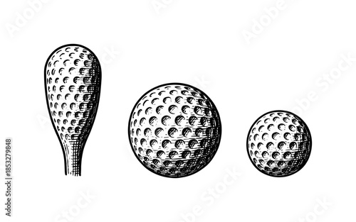 Hand drawn golf equipment: club and ball set in black and white sketch style