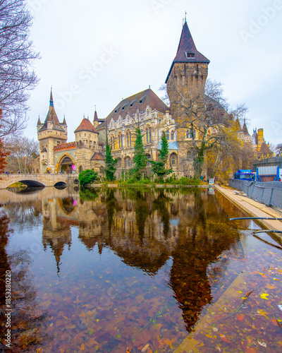 Photography Vajdahunyad Castle with waterfront in Budapest at christmas time