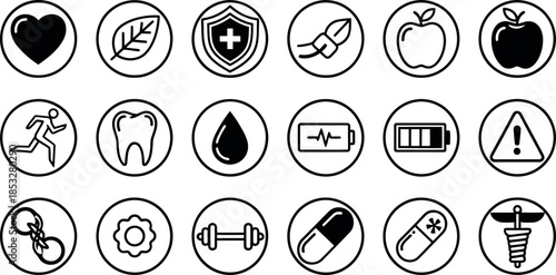 Black health, medical and wellness line icon set