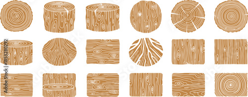 Wood log cross section texture and wooden slice icon set