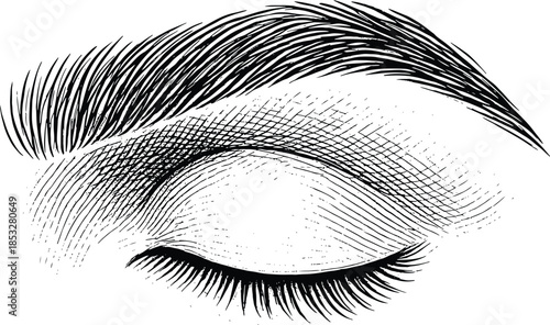 Hand drawn closed human eye with eyebrow in vintage engraving style black and white sketch