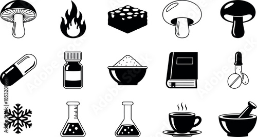 Black and white kitchen and science icon set