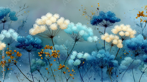 Impressionist Watercolor Painting Delicate Queen Annes Lace Flowers in Soft Blue and Cream Hues