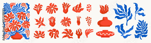 Flower and leaf vector collection with abstract groovy style in red and blue. Floral spring elements and wildflower set for decorative cards, posters, prints, and creative design projects