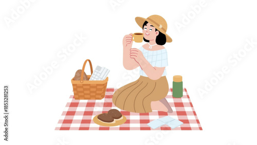 Vector illustration girl picnic in the garden