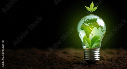 Light bulb with globe and plant sprout symbolizing green sustainable energy