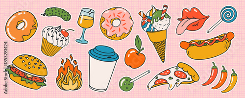 Retro street food sticker set with donuts, hot dogs, burgers, cupcakes, pizza, ice cream, wine, fruit and candy in playful cartoon style for fun vector designs and decorative packs