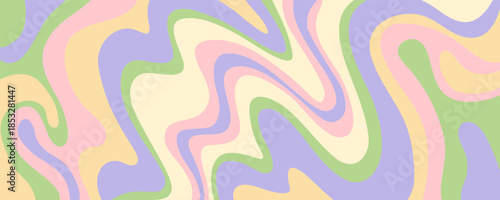 Groovy liquid pattern with pastel pink, yellow, green, and purple waves in ab...