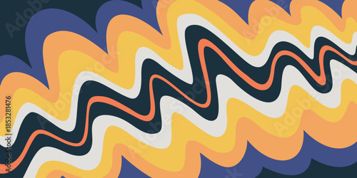 Abstract wavy background with curved yellow, navy, and orange layers in psychedelic style. Abstract wavy composition with dynamic flowing lines. Vector illustration