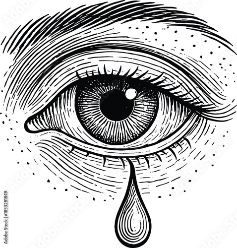 Hand drawn human eye crying with a tear drop in vintage engraving style sketch illustration