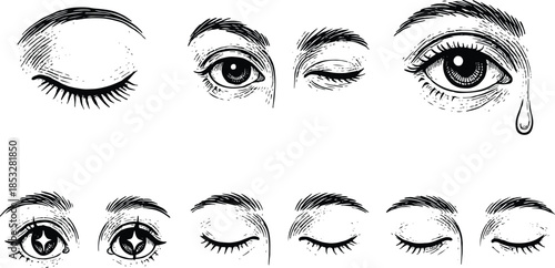 Set of hand drawn human eyes with different emotions winking crying and sleeping in vintage engraving style