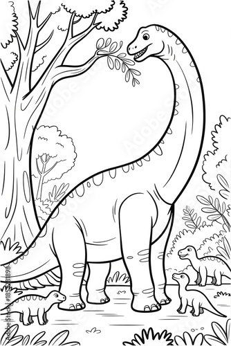 Brachiosaurus Family in a Lush Forest: A detailed illustration of a mother Brachiosaurus with her offspring, peacefully interacting in their primeval forest habitat. 