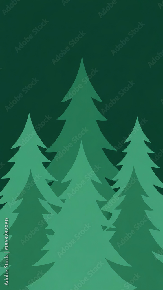 Obraz premium ''Stylized Green Pine Trees Silhouetted Against a Dark Forest Background, Minimalist Design with Layered Depth and Calm Mood''