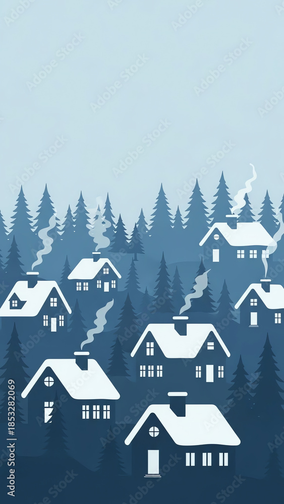 Obraz premium Cozy Winter Village Illustration with Snow-Covered Houses, Smoking Chimneys, and Dense Pine Forest in Monochromatic Blue Tones,...