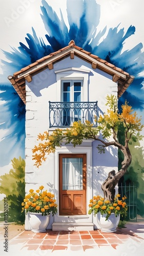 Watercolor House: An artistic watercolor of a charming two-story house with a wooden door, surrounded by lush flowers, tree, and blue abstract sky.