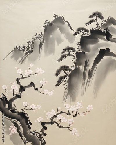 Ink Painting Landscape: A traditional ink painting captures the serenity of a mountain landscape, showcasing the graceful strokes of the artist's brushwork.