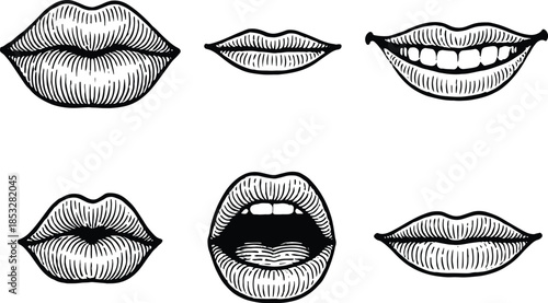 Set of hand drawn human mouths and lips with different expressions vintage engraving style sketch