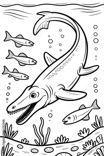 Prehistoric underwater scene: Depicting a captivating black and white illustration of a mosasaur, a prehistoric marine reptile, gliding through the ocean's depths alongside several fish.
