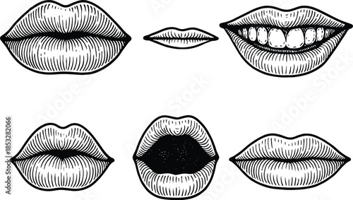 Set of hand drawn human lips and mouths with different expressions in vintage engraving style
