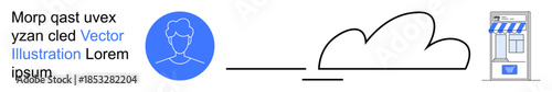 Digital identity, online transactions, cloud computing, e-commerce, data networking, technology services. User icon linked to a cloud and a storefront graphic. Digital identity and online