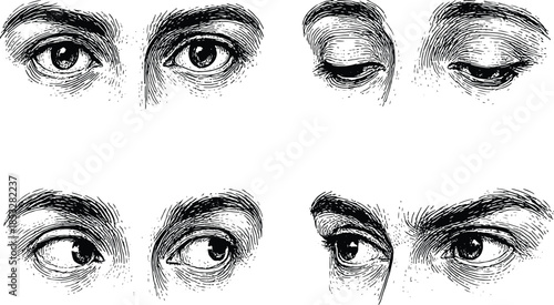 Set of hand drawn human eye pairs looking in different directions vintage engraving style sketch illustration