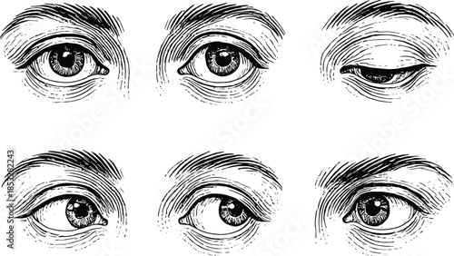 Set of hand drawn human eyes looking in different directions vintage engraving style sketch illustration