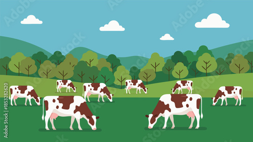 Herd of brown and white cows grazing peacefully on a lush green pasture with trees and rolling hills in the background, evoking a sense of rural tranquility