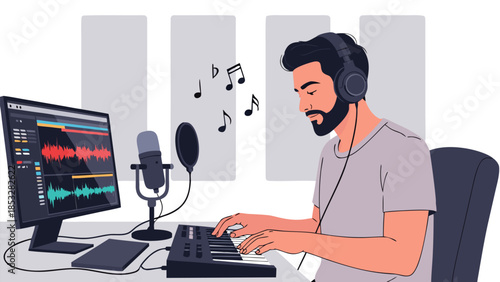 Man wearing headphones is creating music with a computer, microphone, and keyboard in a studio
