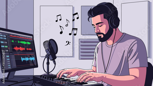 Man composing music on keyboard in a recording studio with waveform displayed on computer screen and musical notes floating in air