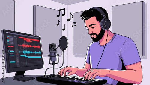 Man recording music in a sound studio, with digital audio workstation and keyboard