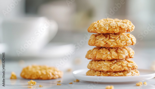 Golden cornflake cookies piled high on light marble table surface. Crunchy sweet snack food, delicious dessert with cereal crumbs
