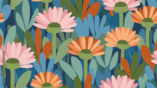 Vibrant floral pattern with daisy-like flowers and lush green leaves on a deep blue background, perfect for textiles and decor