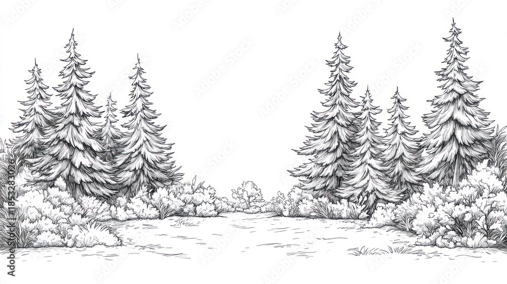 Fototapeta premium Sketch of evergreen forest path, nature scene, background for design
