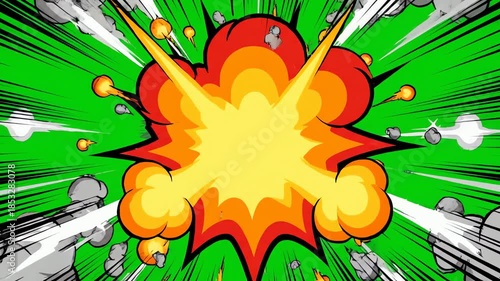 Animated Comic Book Style Explosion with Fire and Smoke on a Green Screen Background