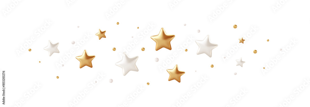 Fototapeta premium Realistic 3D gold and white stars confetti and sparkle effects on white background. Premium holiday party decorations featuring shiny golden star shapes perfect for festive celebration illustrations