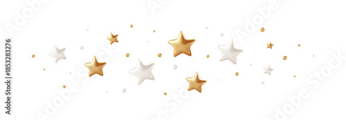 Realistic 3D gold and white stars confetti and sparkle effects on white background. Premium holiday party decorations featuring shiny golden star shapes perfect for festive celebration illustrations
