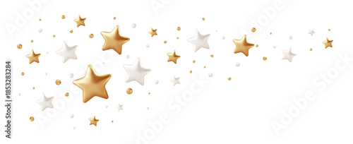 Shimmering golden and white stars confetti with realistic 3D elements on white backdrop. Festive party decorations featuring sparkling icons, twinkling shapes, and premium holiday celebration design